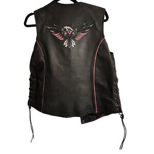 BIG B'S TEXAS Womens XL Pink & White Eagle Fringed Black Leather Biker Vest